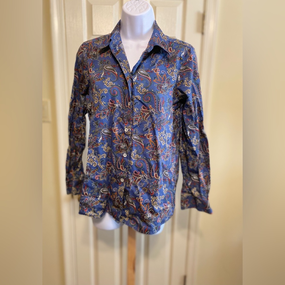 Foxcroft- Woman’s  Blue Paisley Button-down Wrinkle-free Shirt, Size: 10